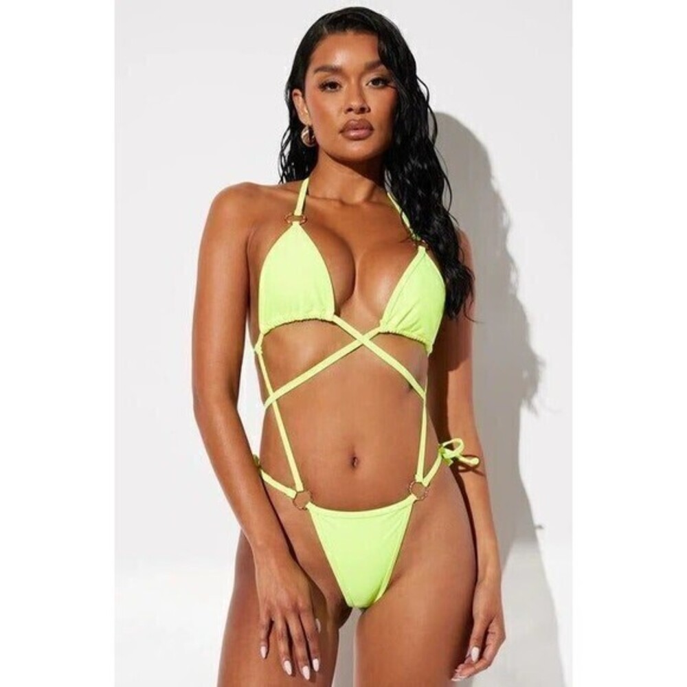 Neon Yellow One Piece Strappy Swimsuit Bikini size Small RefM022